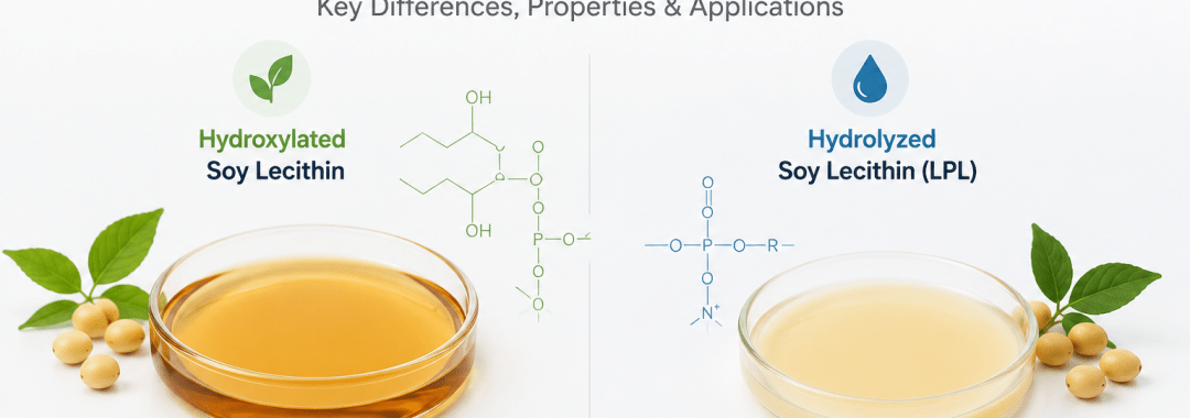 Hydroxylated vs Hydrolyzed Soy Lecithin comparison diagram showing structure and applications