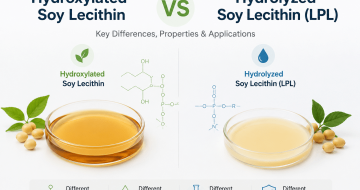 Hydroxylated vs Hydrolyzed Soy Lecithin comparison diagram showing structure and applications